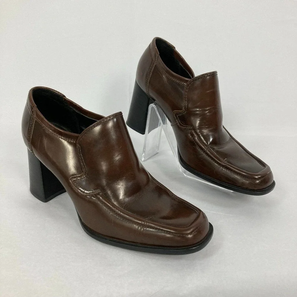 Soho Cobbler Loafers Womens Sz 6 Brown Leather Chunky Heel Loafers Vintage‎